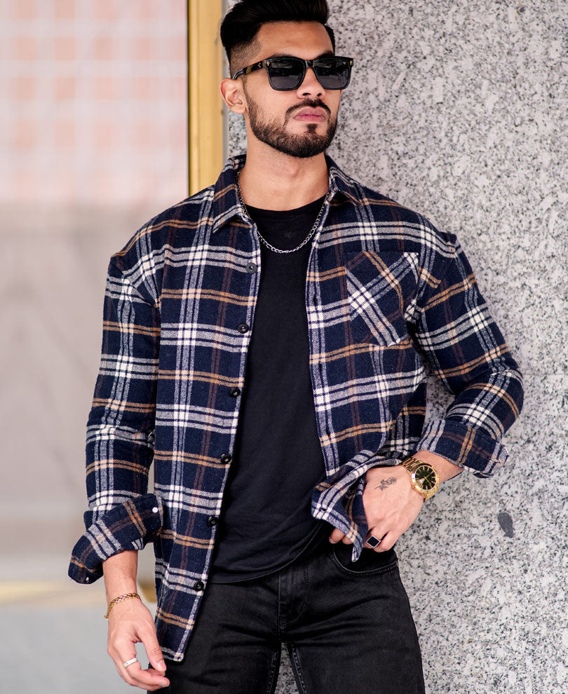 Navy Blue And Cream Checks Oversize Drop Shoulder Shirt