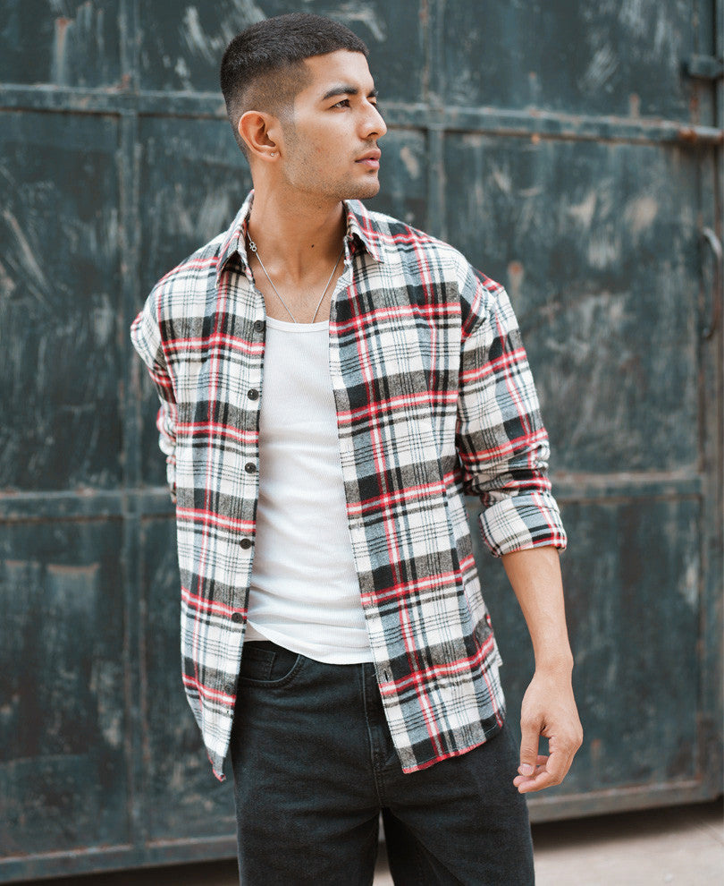 White And Red Plaid Checks Oversize Drop Shoulder Shirt