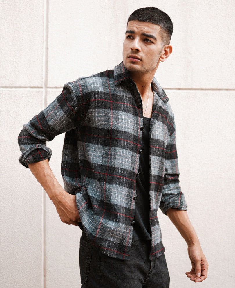 Dark Grey Plaid Checks Oversize Drop Shoulder Shirt