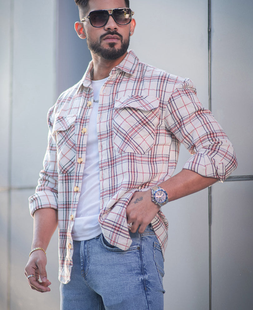 Cream Pocket Checks Oversize Drop Shoulder Shirt