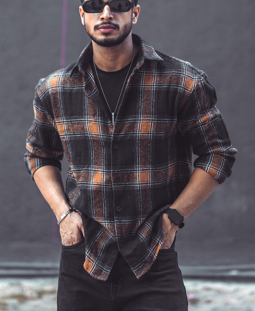 Black And Camel Checks Oversize Drop Shoulder Shirt