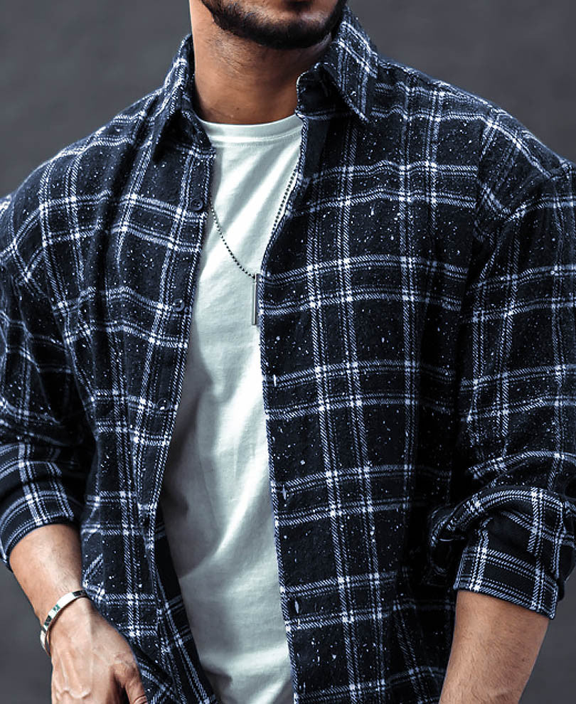 Dusty Black Plaid Checks Oversize Drop Shoulder Shirt
