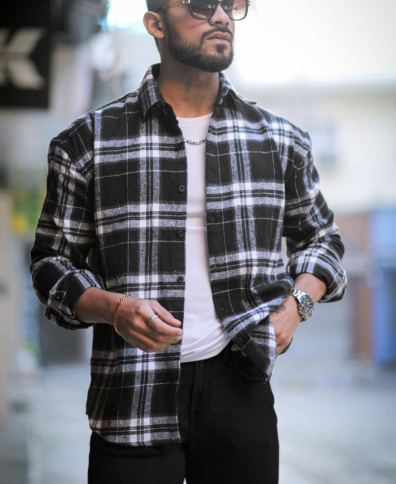 Black Plaid Checks Oversize Drop Shoulder Shirt D