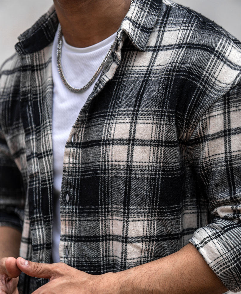 Cream And Black Checks Oversize Drop Shoulder Shirt