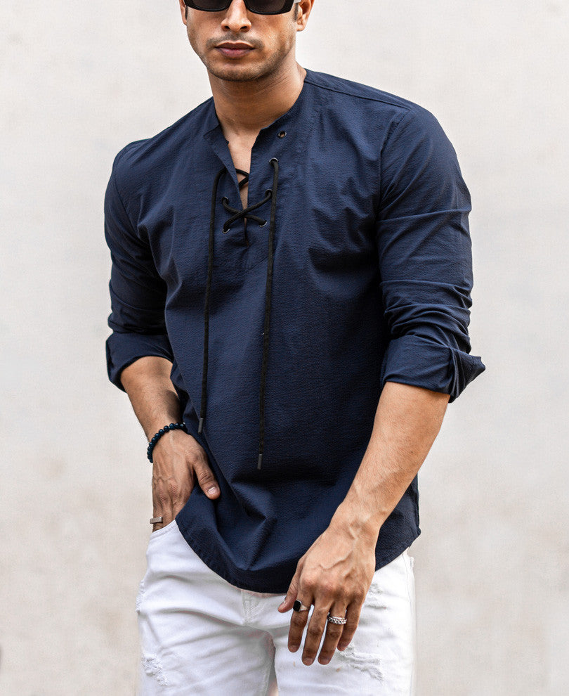 Navy Blue Plain Kurta Style Full Sleeves Shirt