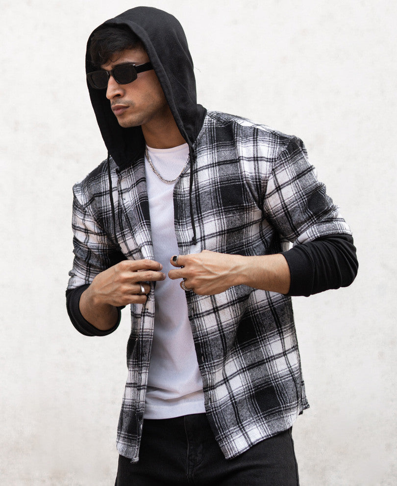 Black Check Hoodie Oversize Drop Shoulder Shirt