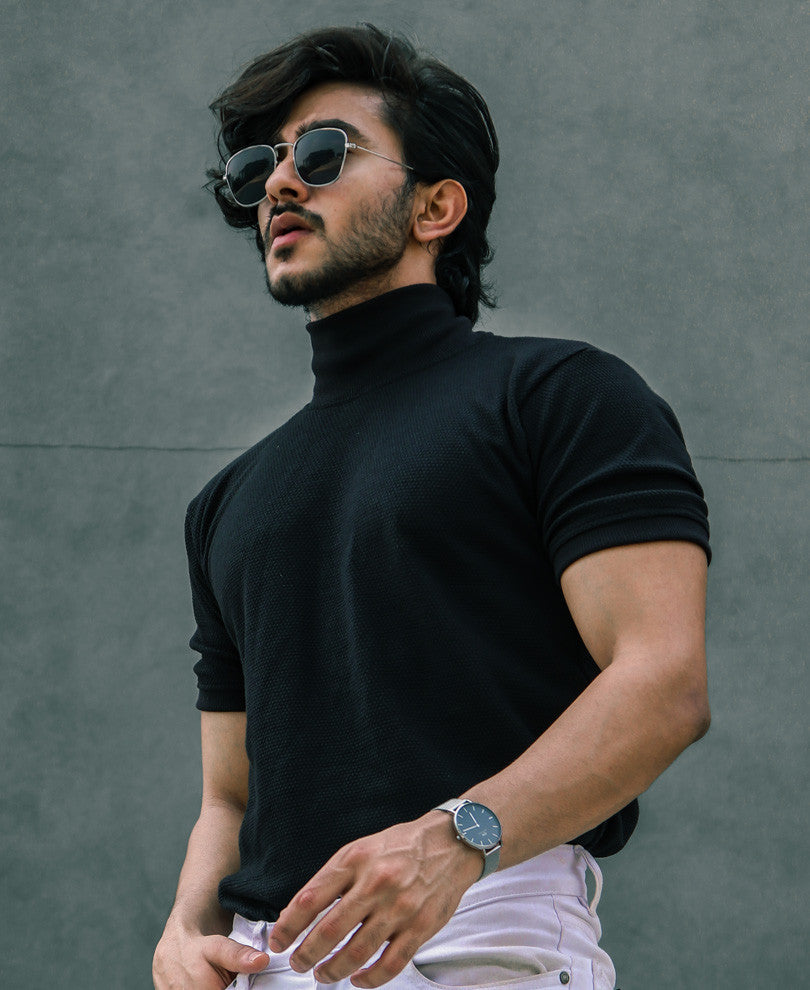 Black Plain Polo Neck Half Sleeves T Shirt