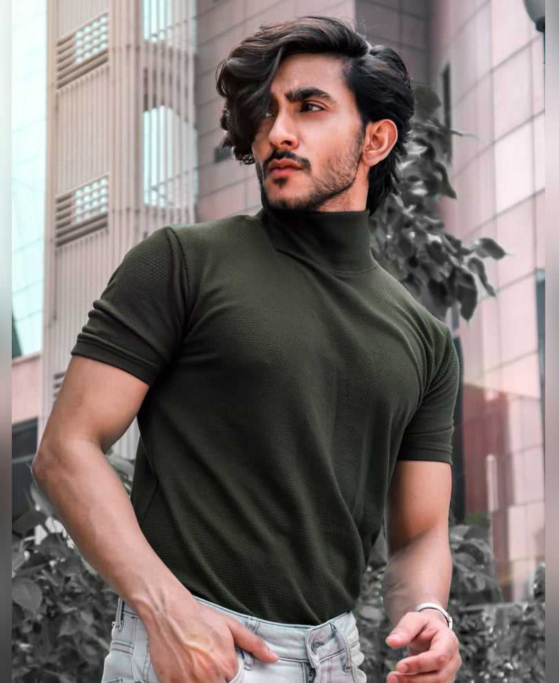 Olive Green Plain Polo Neck Half Sleeves T Shirt