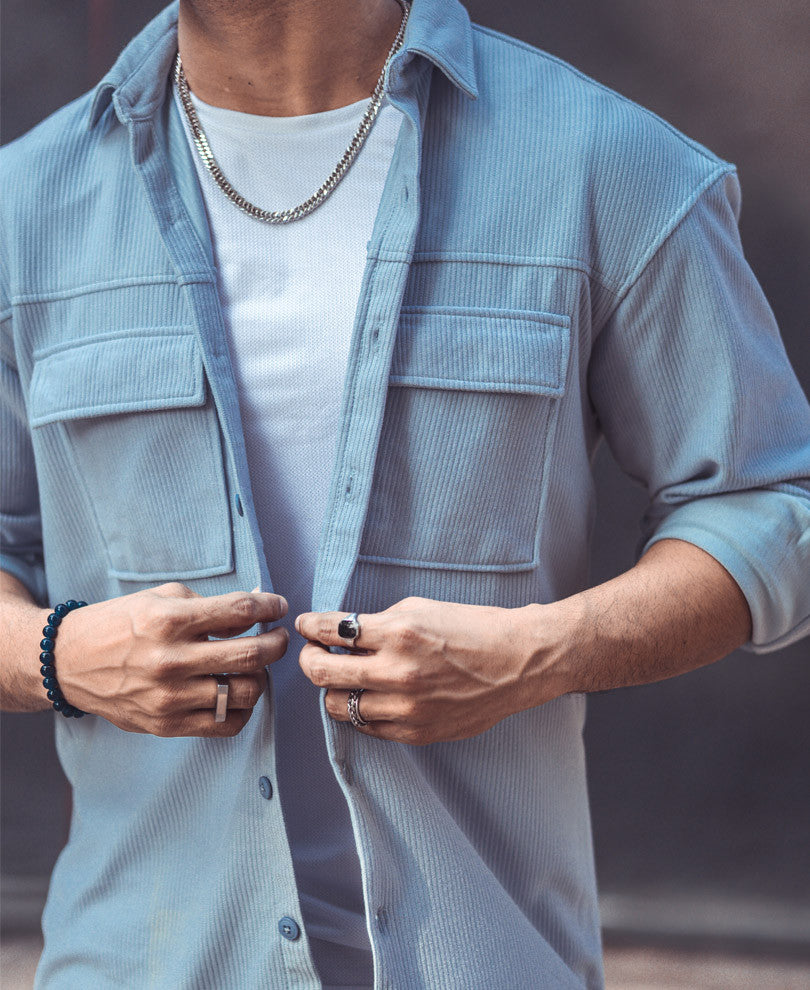 Sky Blue Chest Pocket Oversize Drop Shoulder Shirt