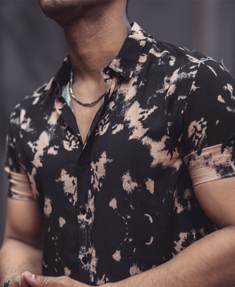 Black Tie-Dye Print Half Sleeves Shirt