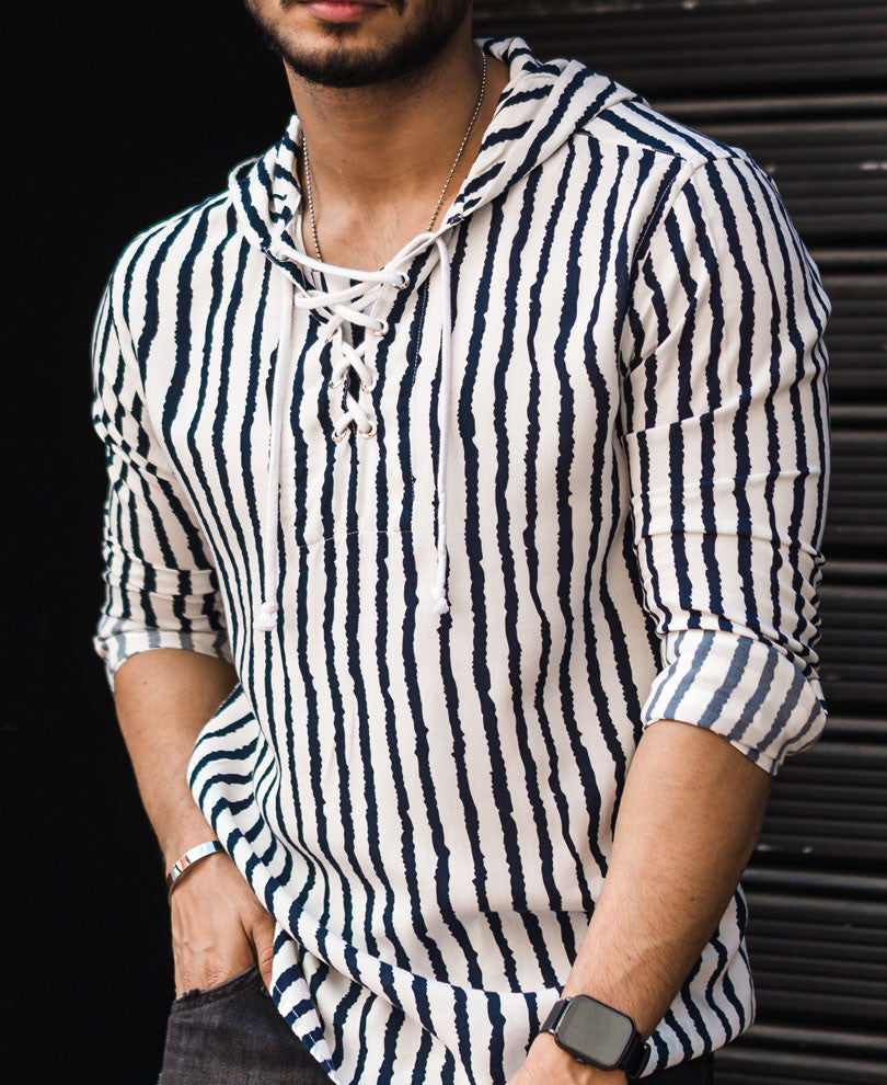White Stripe Hooded Kurta Style Full Sleeves Shirt