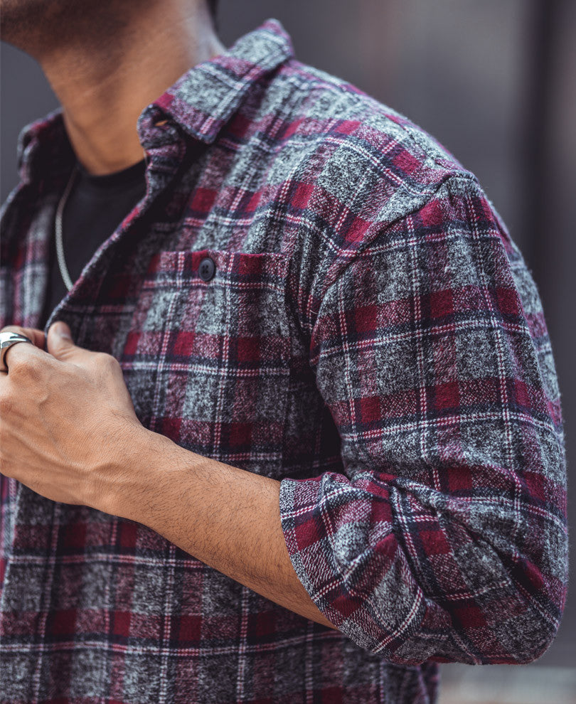 Wine Checks Pocket Oversize Drop Shoulder Shirt