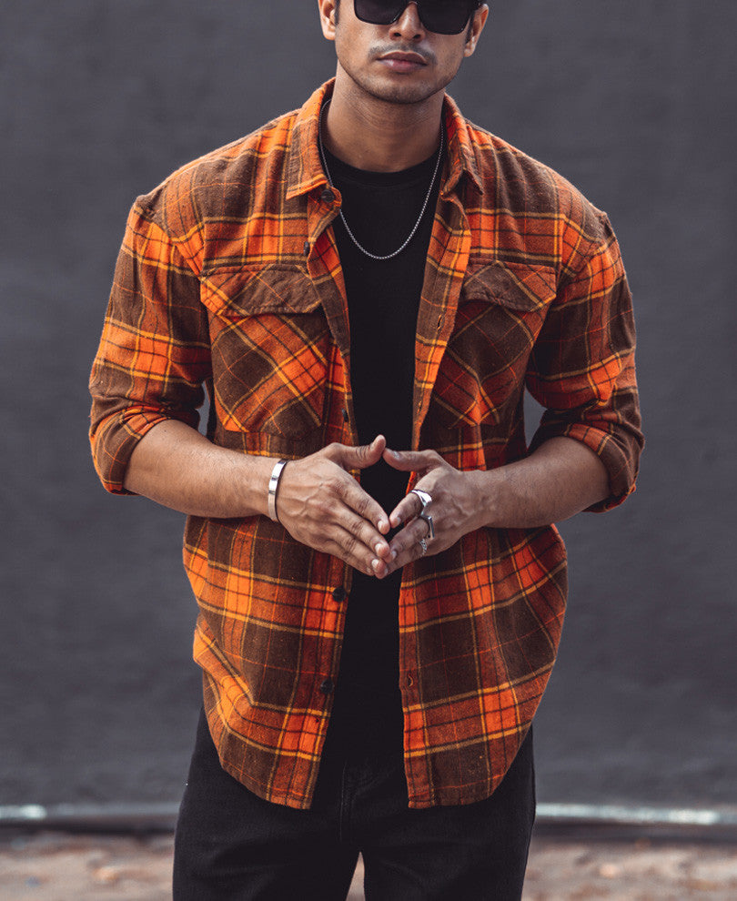 Orange Checks Pocket Oversize Drop Shoulder Shirt