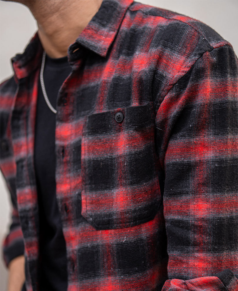 Red Pocket Checks Oversize Drop Shoulder Shirt