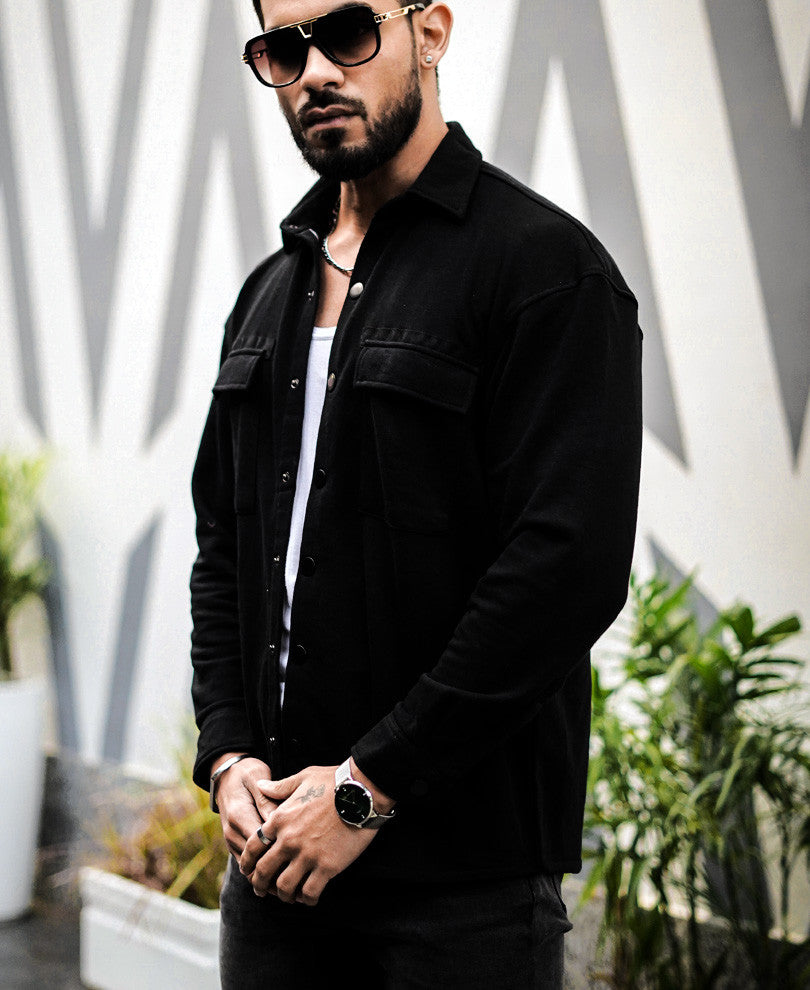 Black Chest Pocket Oversize Drop Shoulder Shirt D