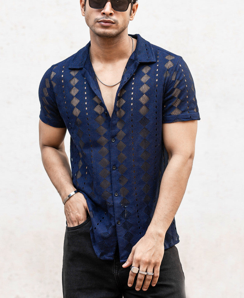 Navy Blue Sheer Pattern Half Sleeves Shirt