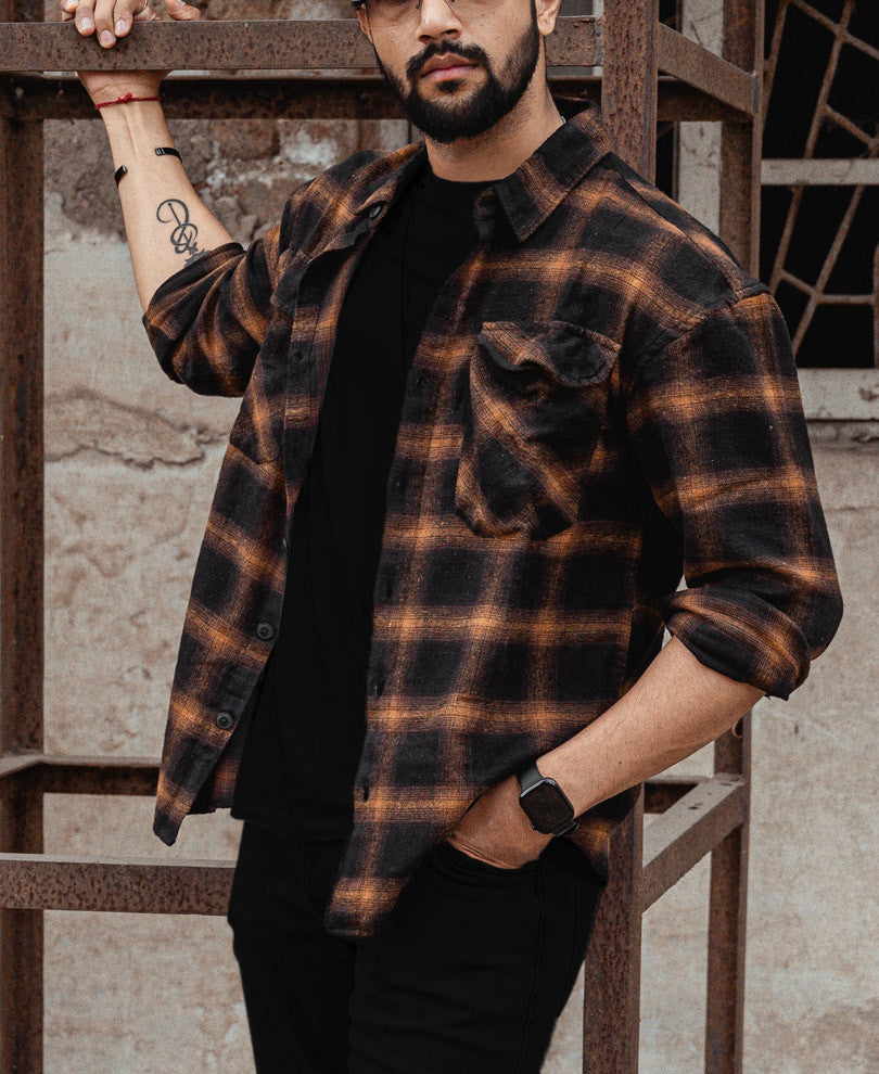 Brown Plaid Checks Oversize Drop Shoulder Shirt
