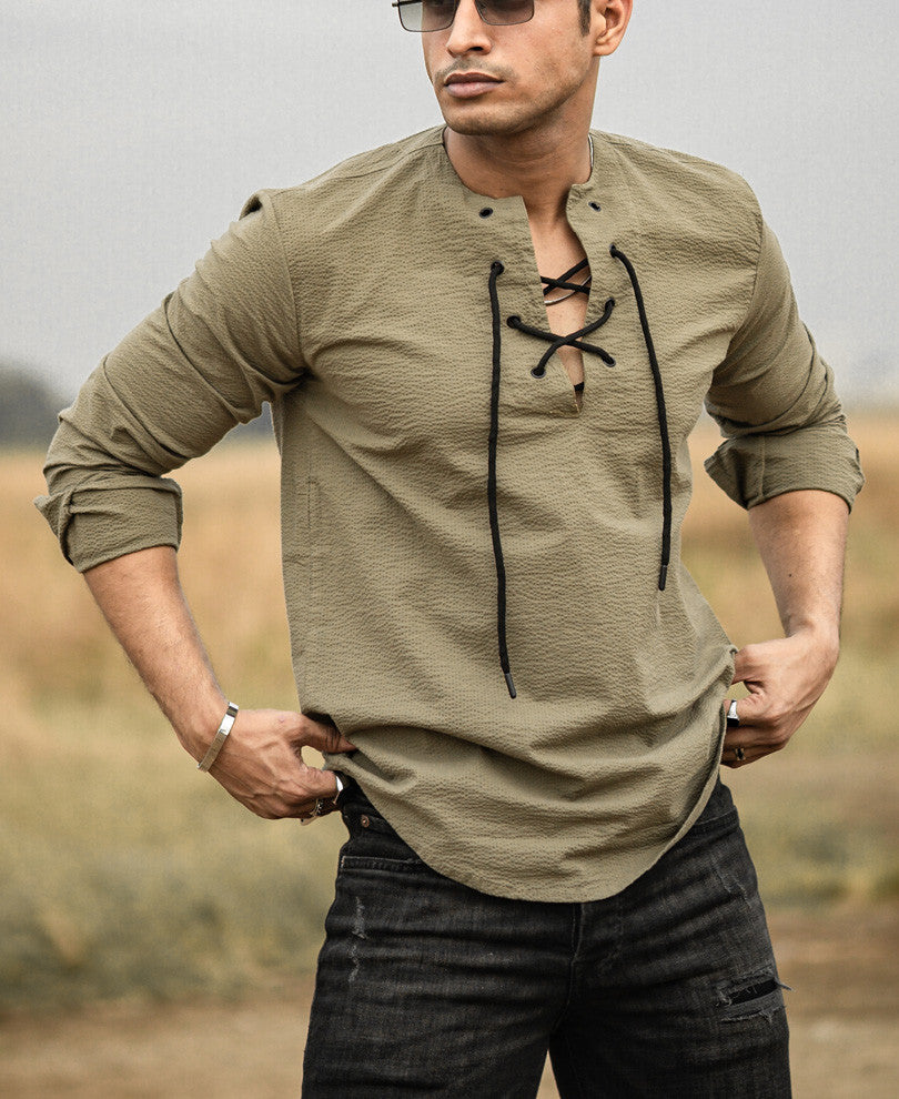 Olive Green Plain Kurta Style Full Sleeves Shirt