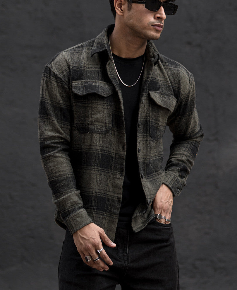 Olive Green Pocket Checked Oversize Drop Shoulder Shirt