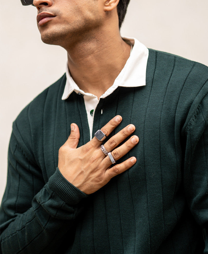 Bottle Green Polo Collar Full Sleeves Sweatshirt