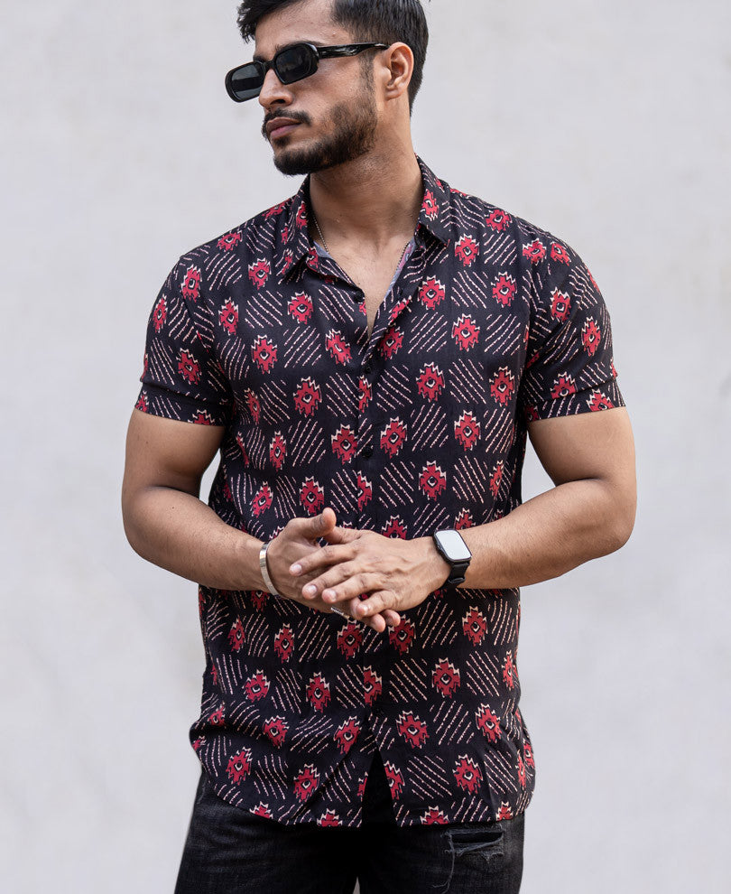 Black With Red Floral Print Half Sleeves Shirt