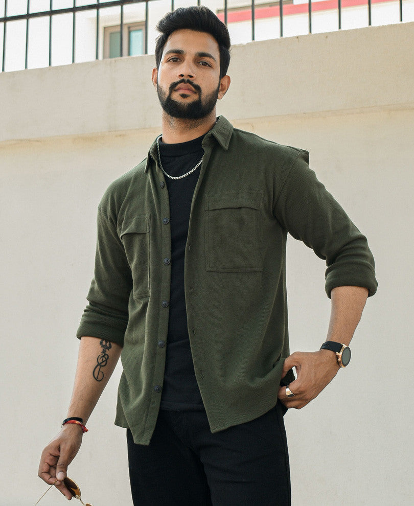 Dark Green Chest Pocket Oversize Drop Shoulder Shirt