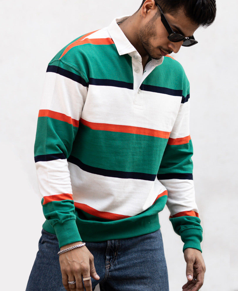 Green Striped Polo Collar Full Sleeves Sweatshirt