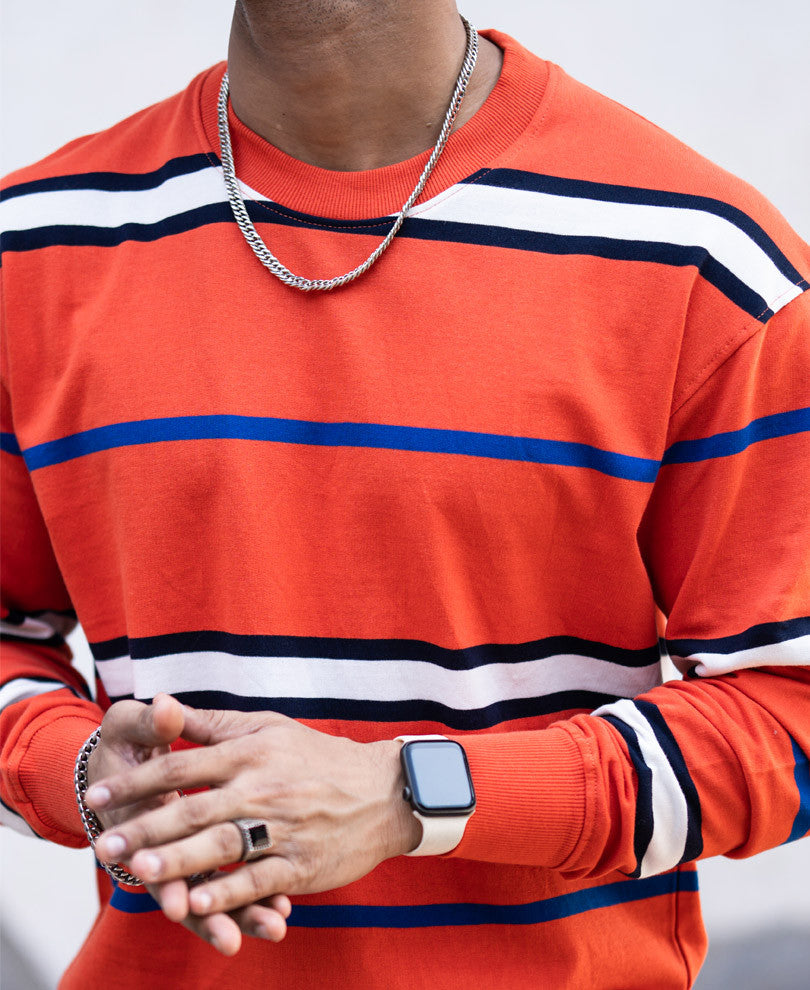 Orange Striped Full Sleeves Sweatshirt