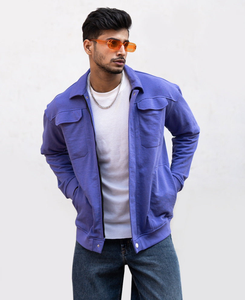 Purple Zipper Oversize Drop Shoulder Shirt