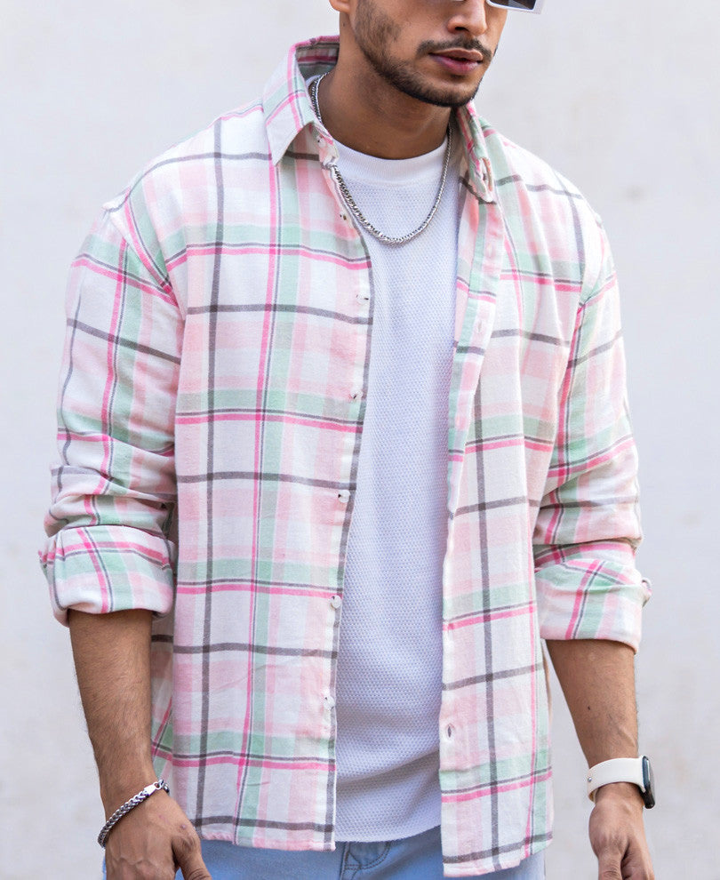 Light Pink Check Oversize Drop Shoulder Shirt