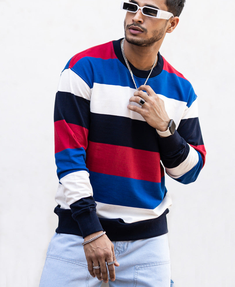 Multi Striped Oversize Drop Shoulder Sweatshirt