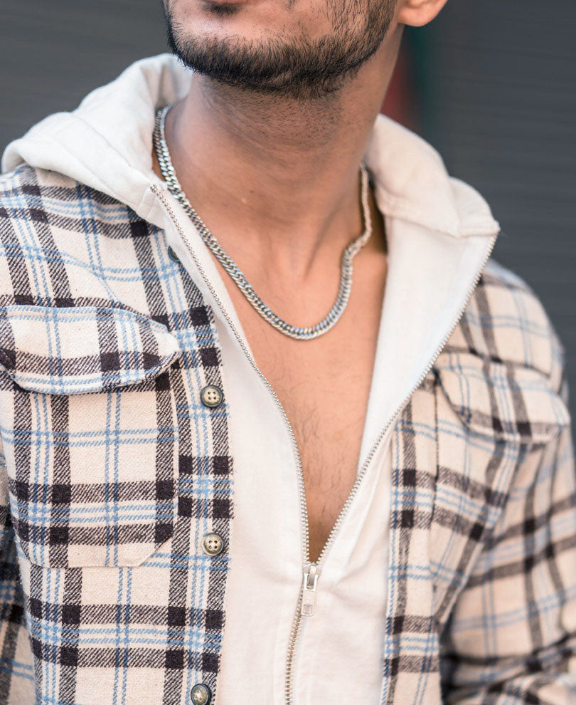 Cream Check Hoodie Zipper Oversize Drop Shoulder Shirt