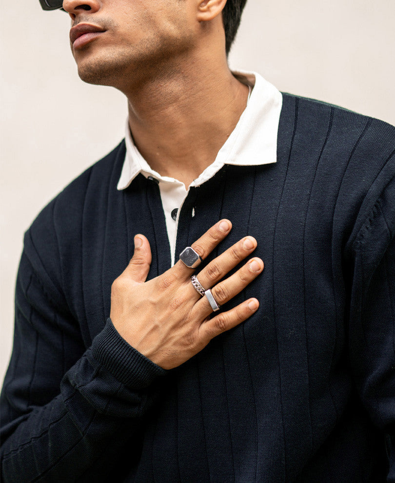 Navy Blue Polo Collar Full Sleeves Sweatshirt