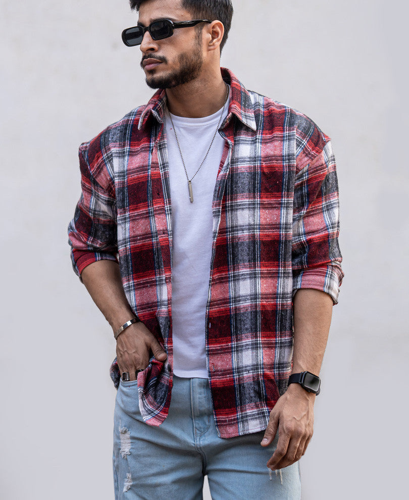 Red Plaid Checks Oversize Drop Shoulder Shirt