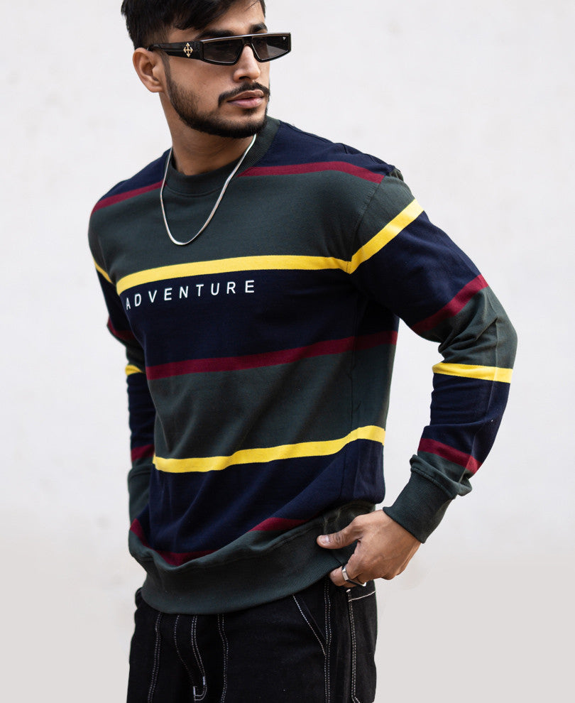 Olive And Navy Blue Stripes Oversize Drop Shoulder T Shirt