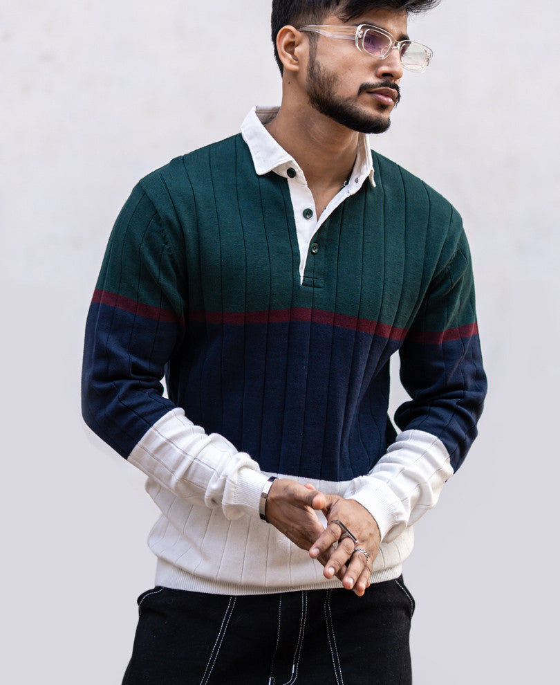 Olive Green Panel Polo Collar Sweatshirt