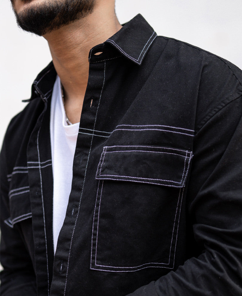 Black Contrast Stitch Oversize Drop Shoulder Shirt D
