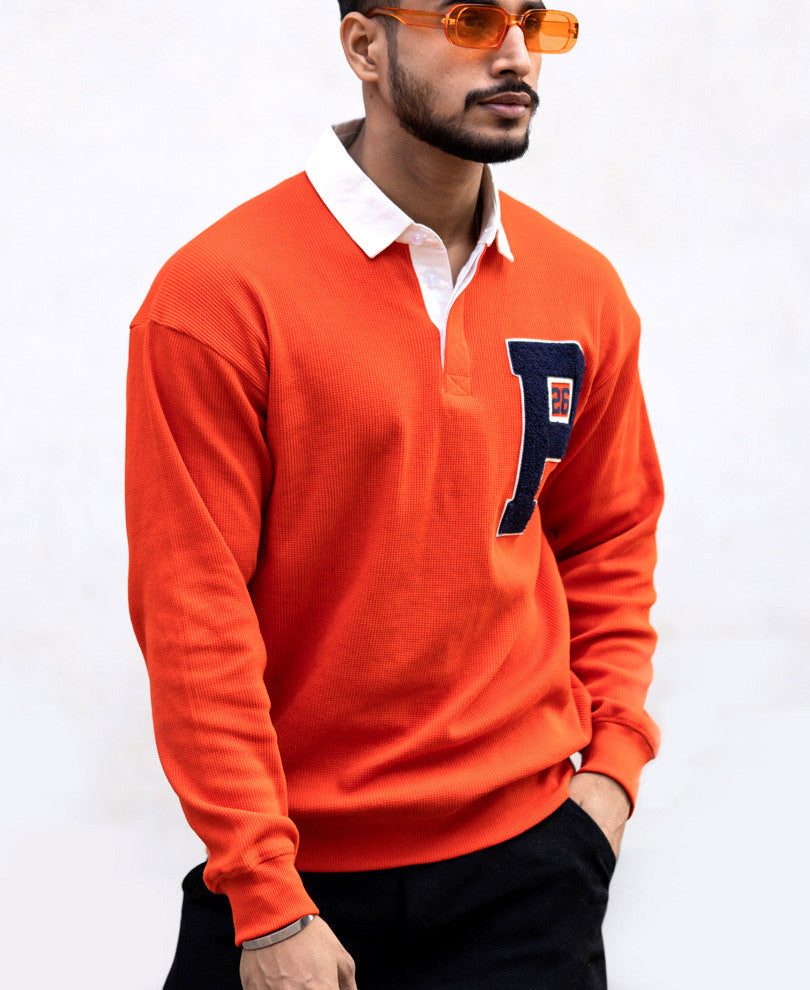 Orange Polo Collar Oversize Drop Shoulder Sweatshirt
