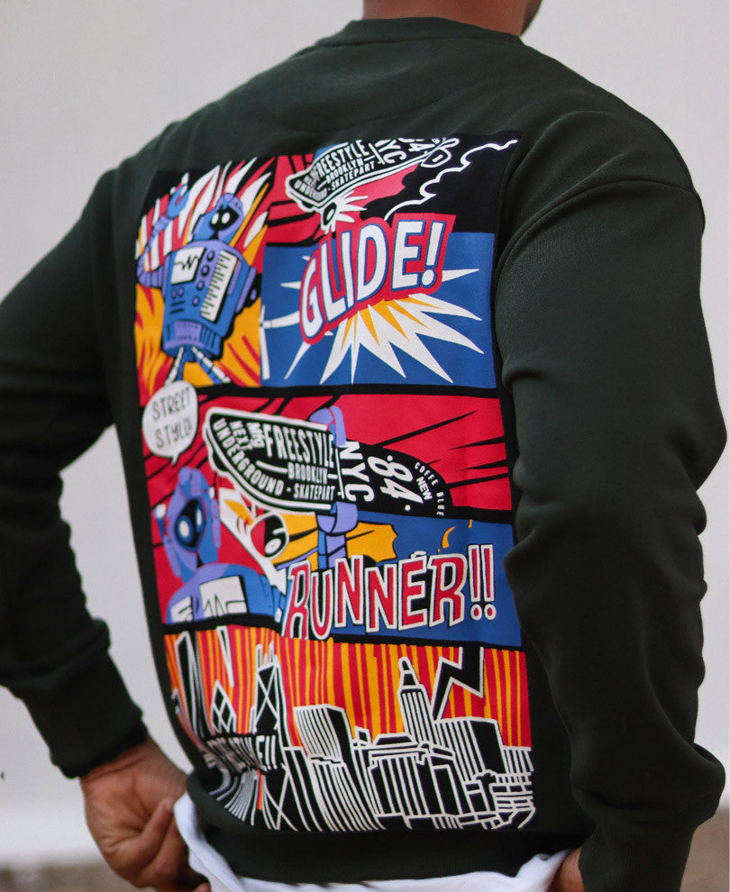 Olive Comic Back Print Oversize Drop Shoulder Sweatshirt
