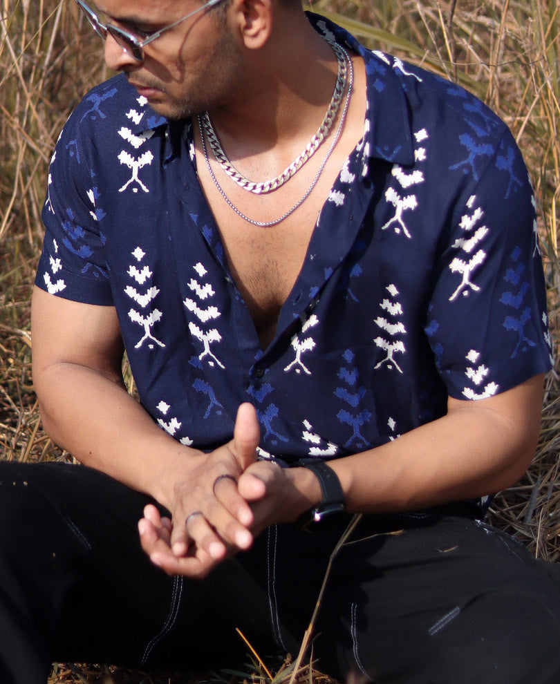 Navy Blue Ethnic Motif Print Half Sleeves Shirt