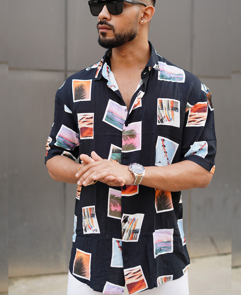 Black Beach Print Oversize Drop Shoulder Shirt