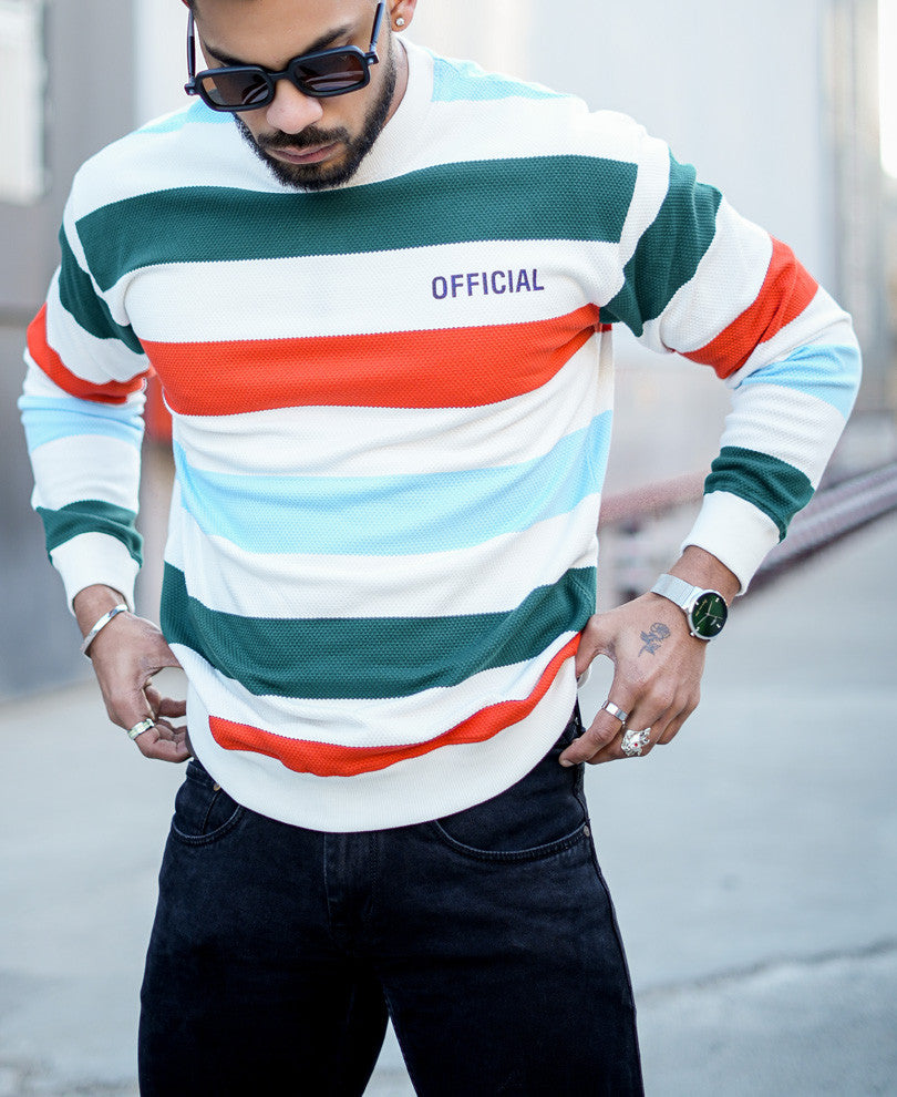 White Official Stripe Print Oversize Drop Shoulder T Shirt