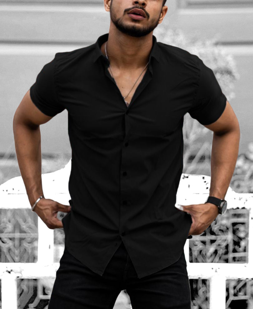 Black Plain Stretchable Causal Half Sleeves Shirt