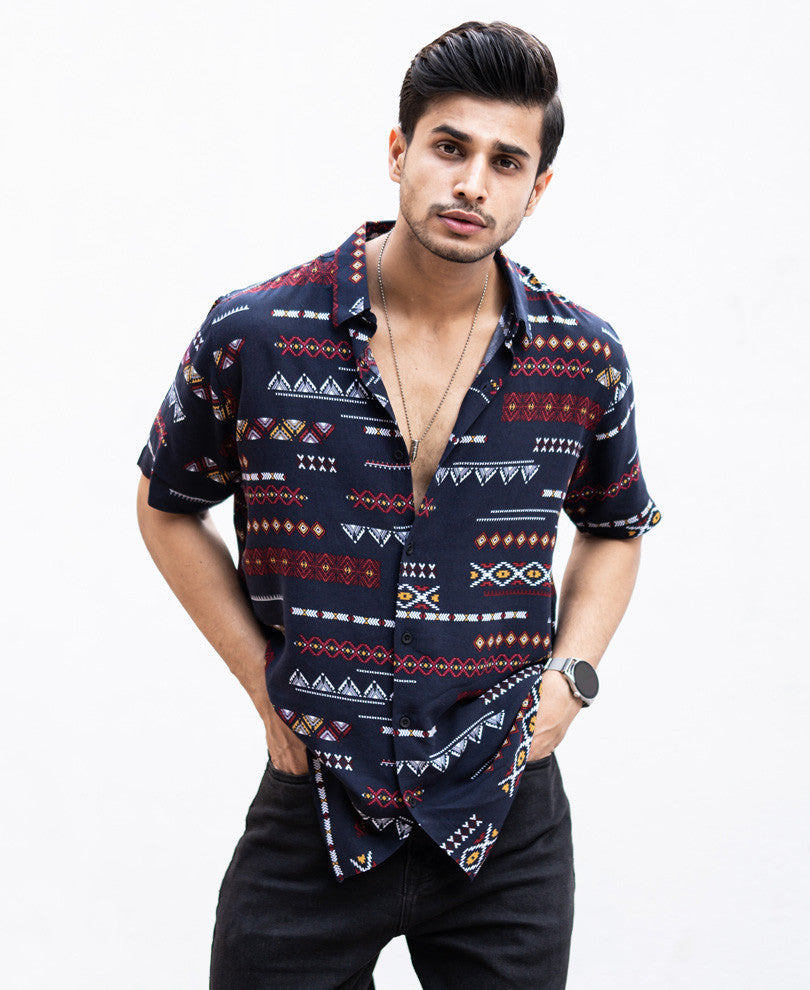 Blue Mix Print Half Sleeves Shirt