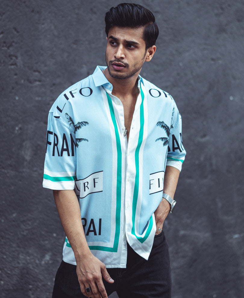 Sky Blue California Print Oversize Drop Shoulder Shirt