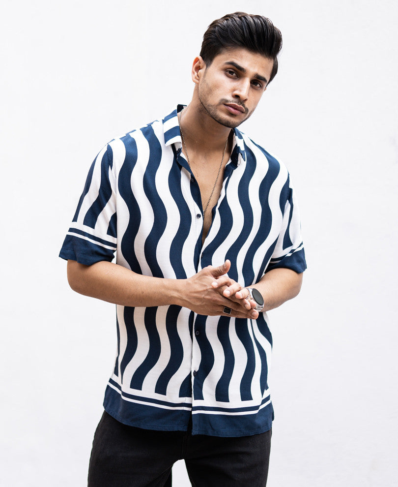 Navy Blue Wavy Stripes Half Sleeves Shirt