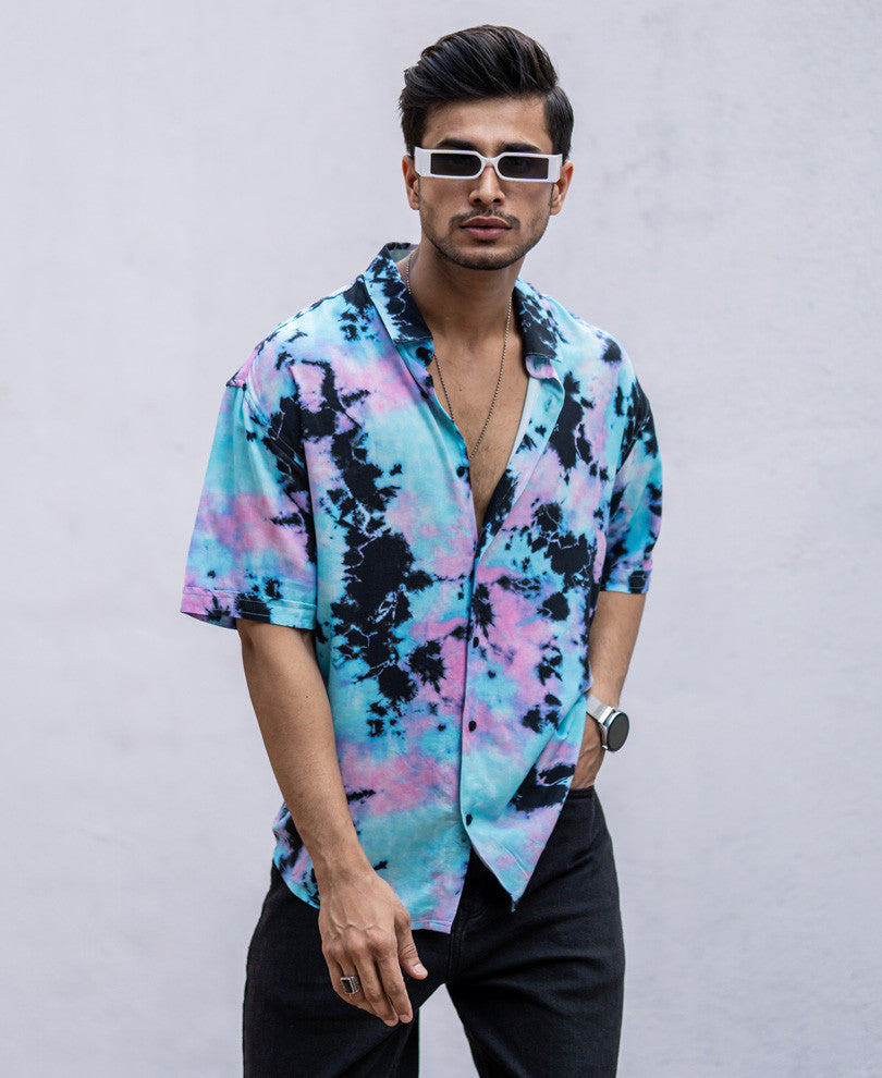 Cyan Tie Dye Print Oversize Drop shoulder Shirt