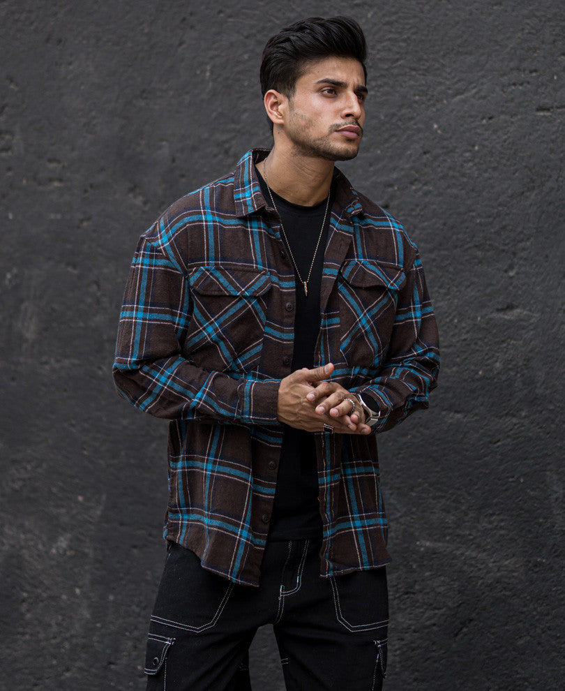 Dark Brown Checks Oversize Drop Shoulder Shirt
