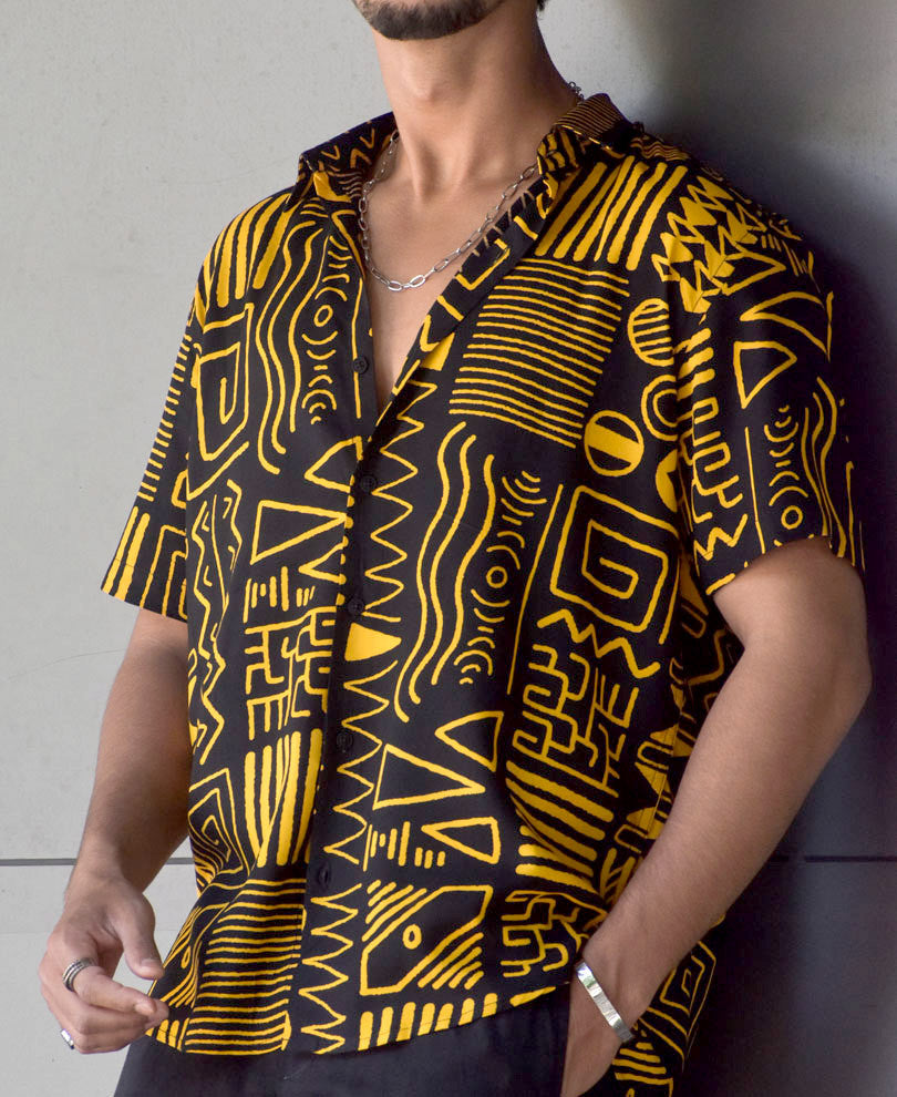 Mustard Geometric Print Half Sleeves Shirt