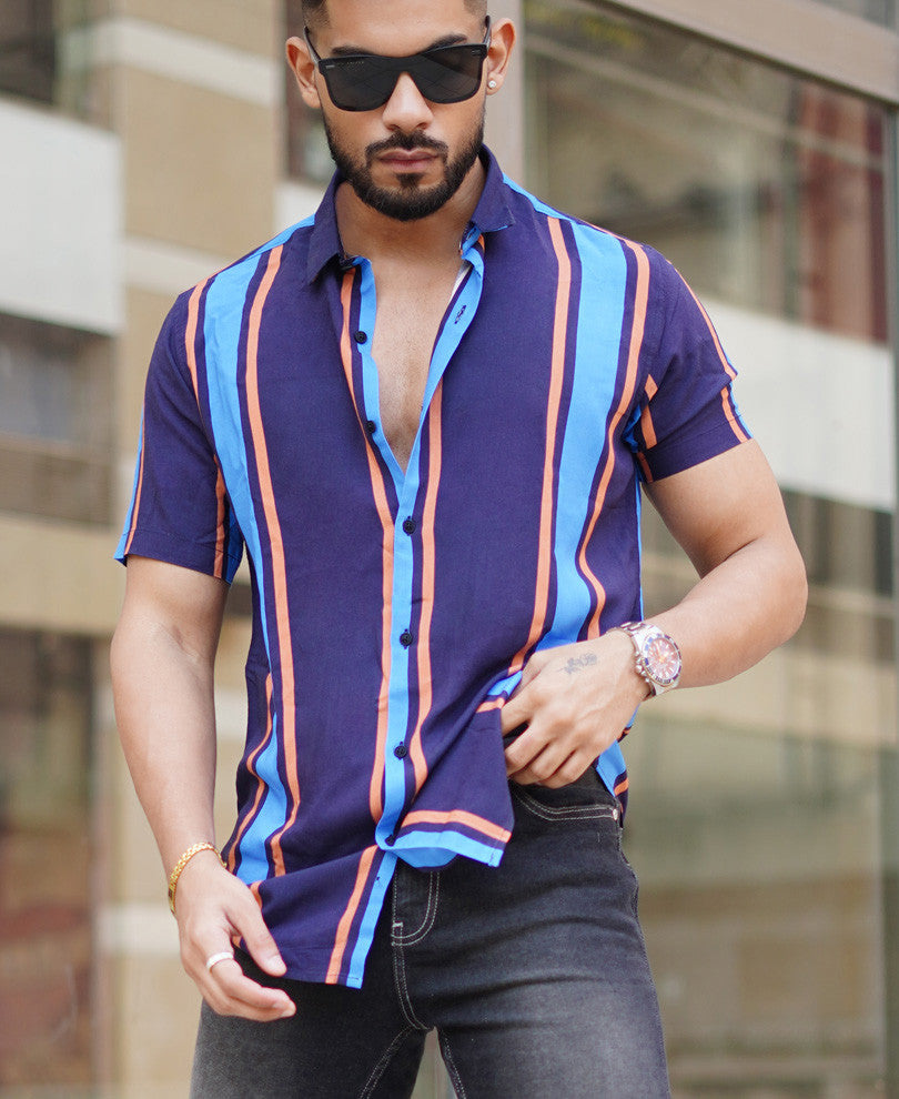 Navy Blue Vertical Stripe Half Sleeves Shirt